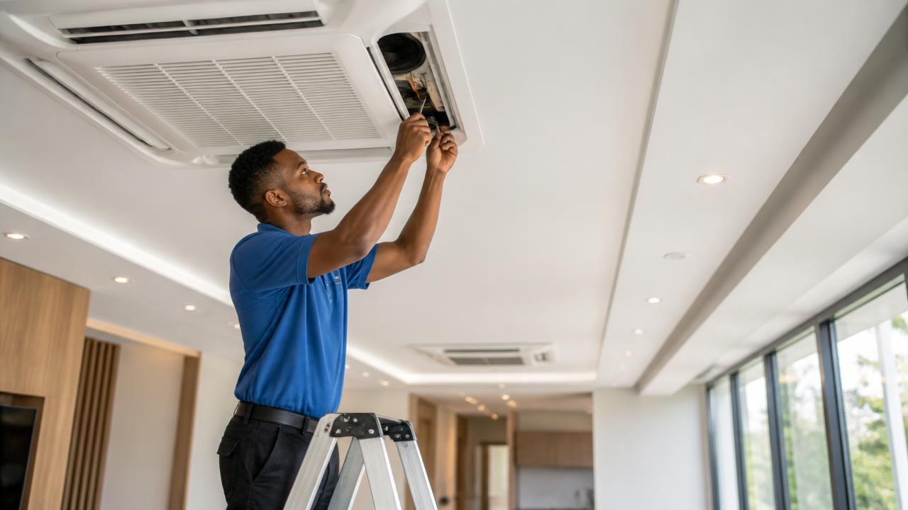 Técnico de RefriAlfa instalando aire acondicionado de techo