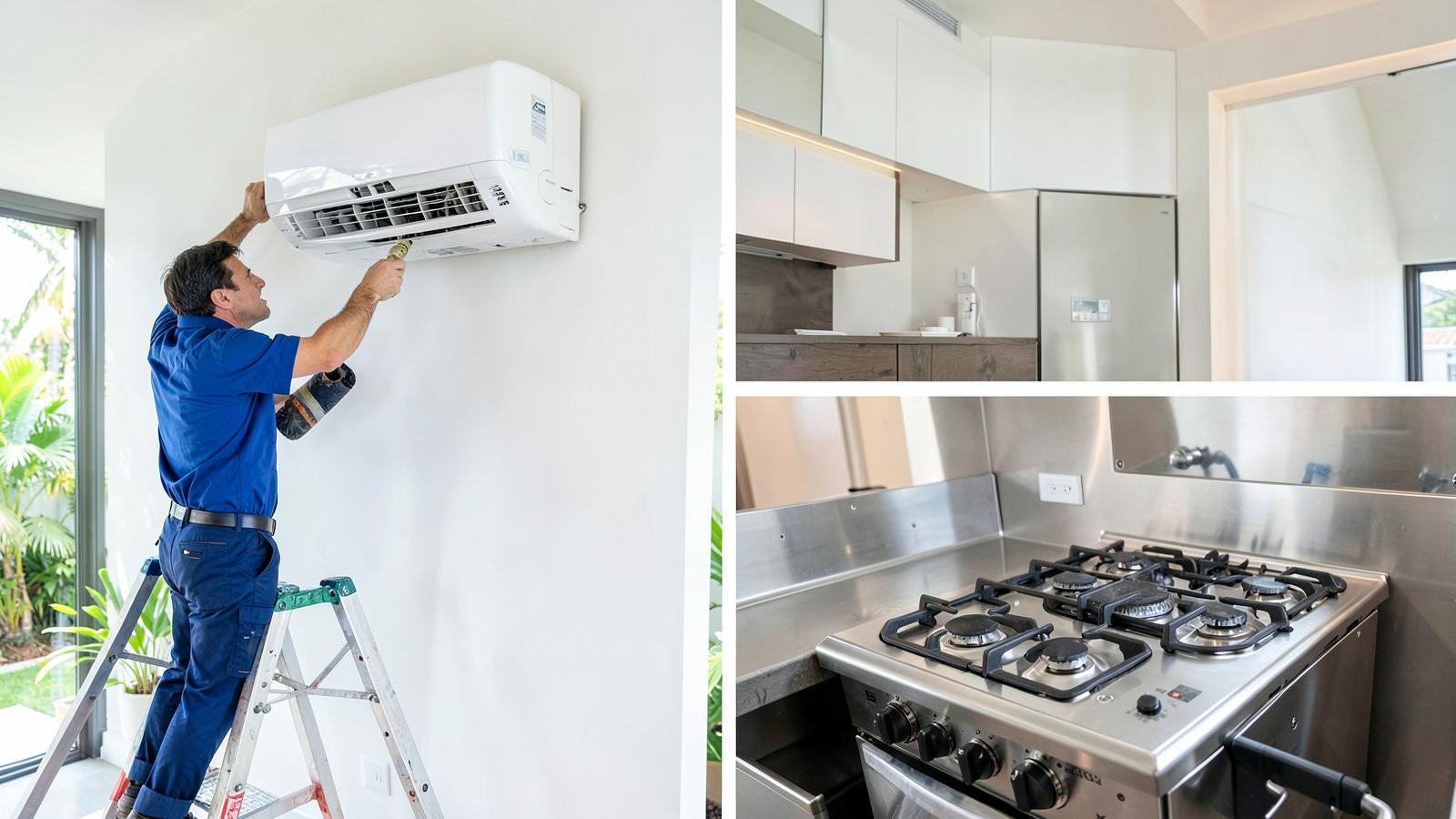 Técnico certificado instalando un aire acondicionado split y estufa