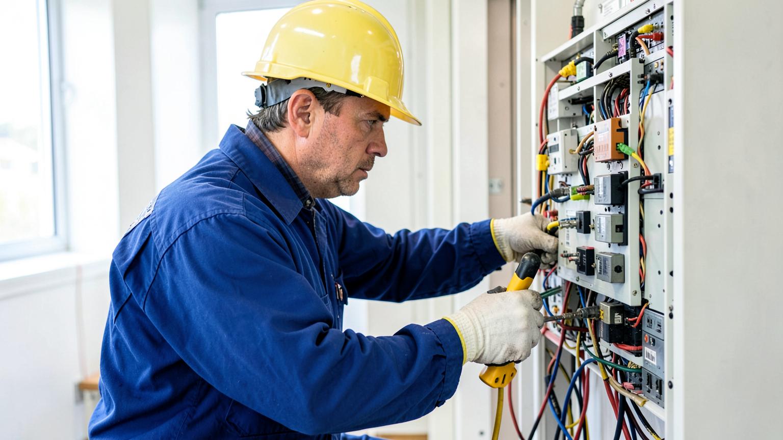 Electricista certificado trabajando en panel eléctrico