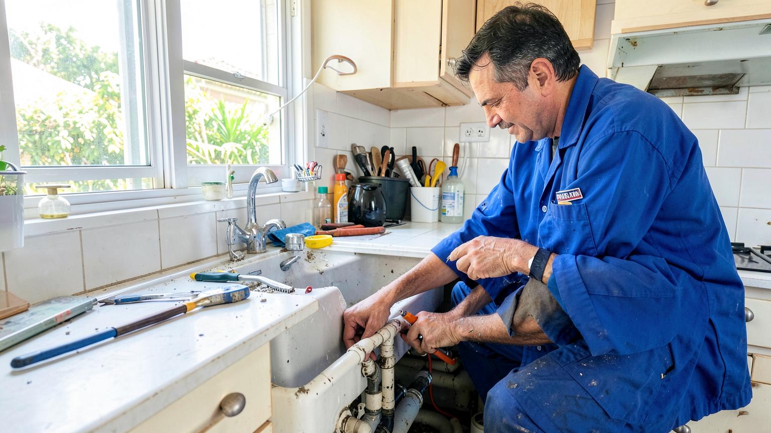 Técnico de plomería reparando tuberías en cocina