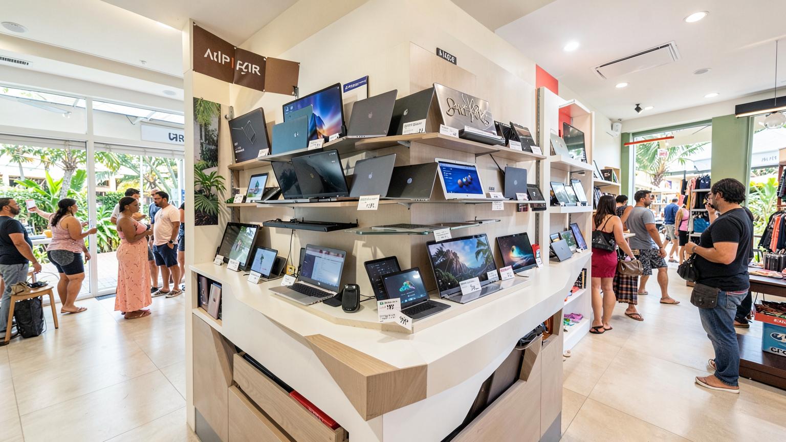 Exhibición de laptops y tecnología en tienda RefriAlfa